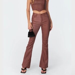 Brown Faux Leather Flare Jeans Pants